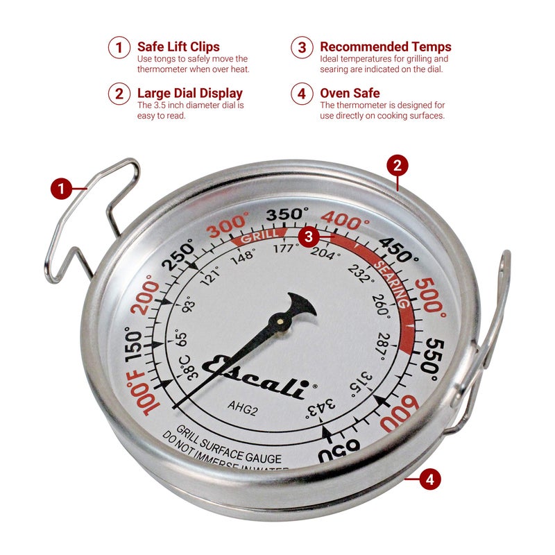 Escali AHG2 Stainless Steel Direct Grill Surface Thermometer, Searing Temperature Zones 100-500F Degree Range NSF Certified - Image 3